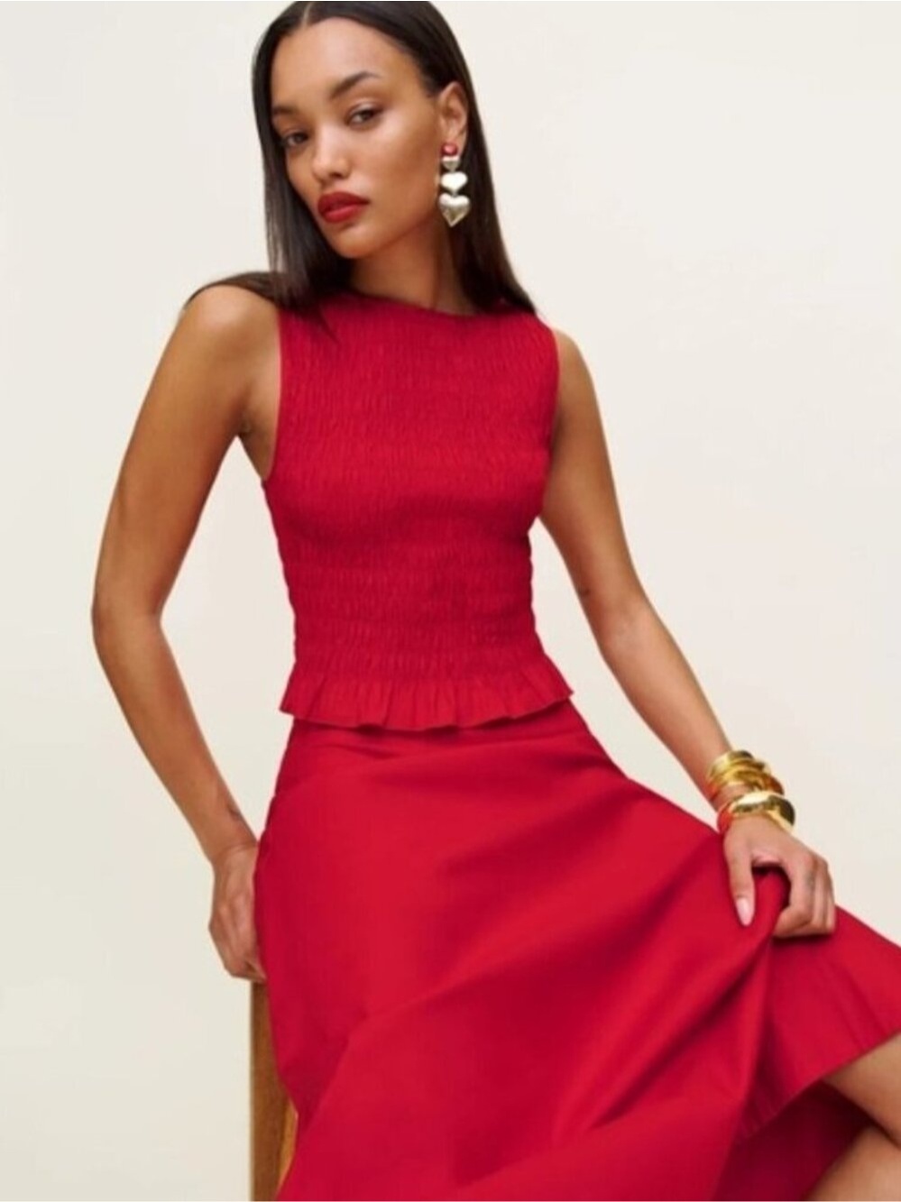 NEW Reformation Laguna Two Piece Matching Midi Skirt Set Lipstick Red US 2 UK 4 - Picture 2 of 14